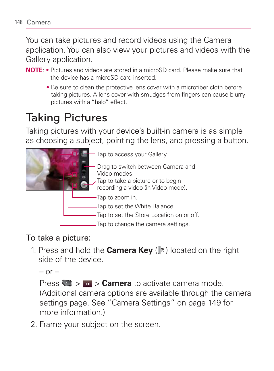 Camera, Taking pictures | LG LGVM670 User Manual | Page 150 / 243