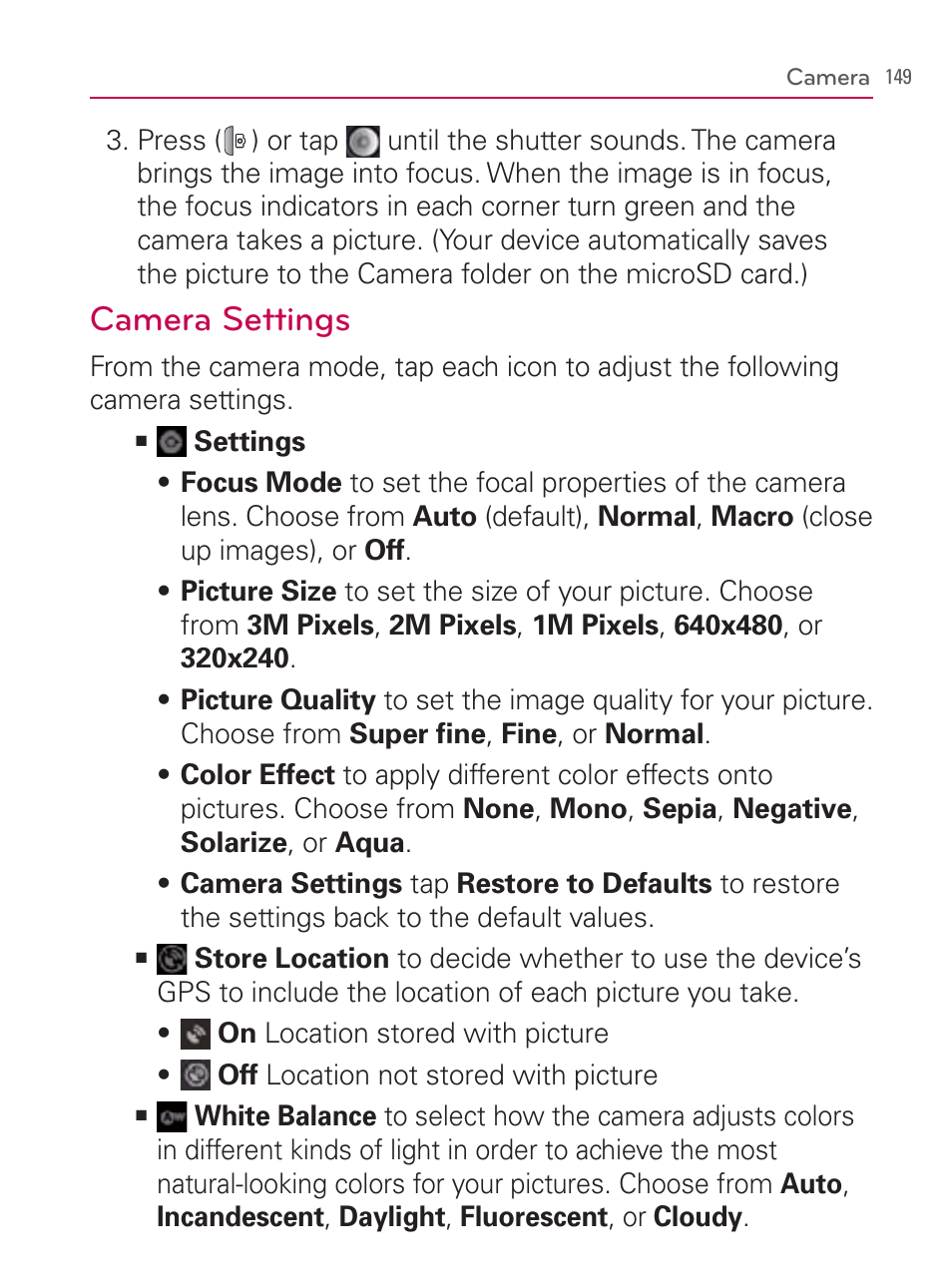 Camera settings | LG LGVM670 User Manual | Page 151 / 243