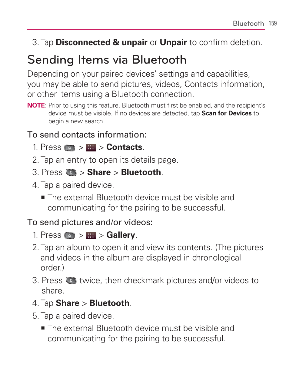 Sending items via bluetooth | LG LGVM670 User Manual | Page 161 / 243