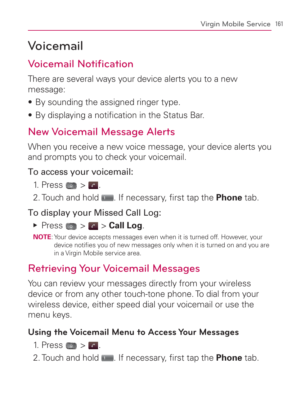 Virgin mobile service, Voicemail, Voicemail notiﬁcation | New voicemail message alerts, Retrieving your voicemail messages | LG LGVM670 User Manual | Page 163 / 243