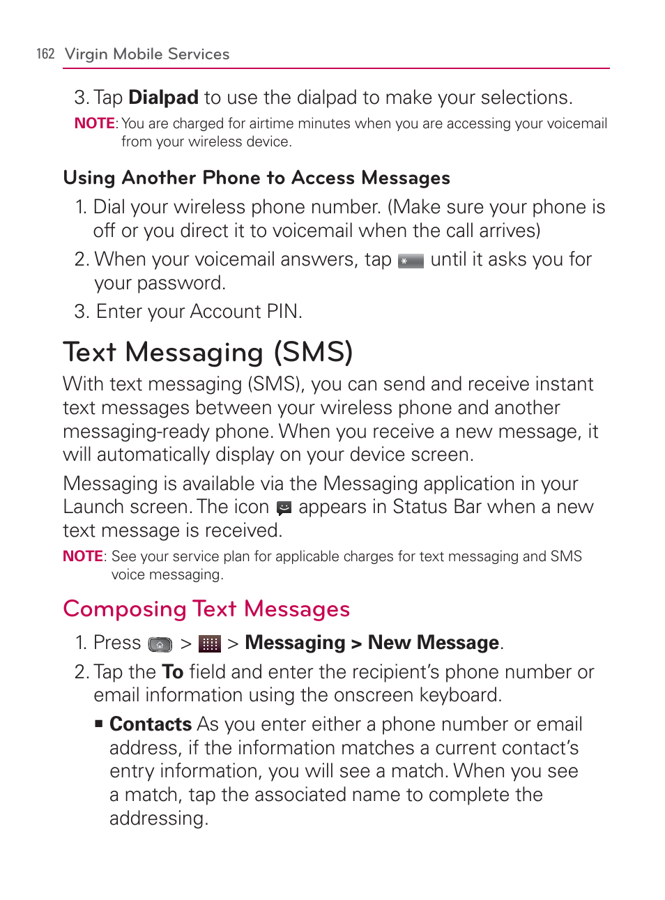 Text messaging (sms), Ormation about sending text and multimedia, Composing text messages | LG LGVM670 User Manual | Page 164 / 243