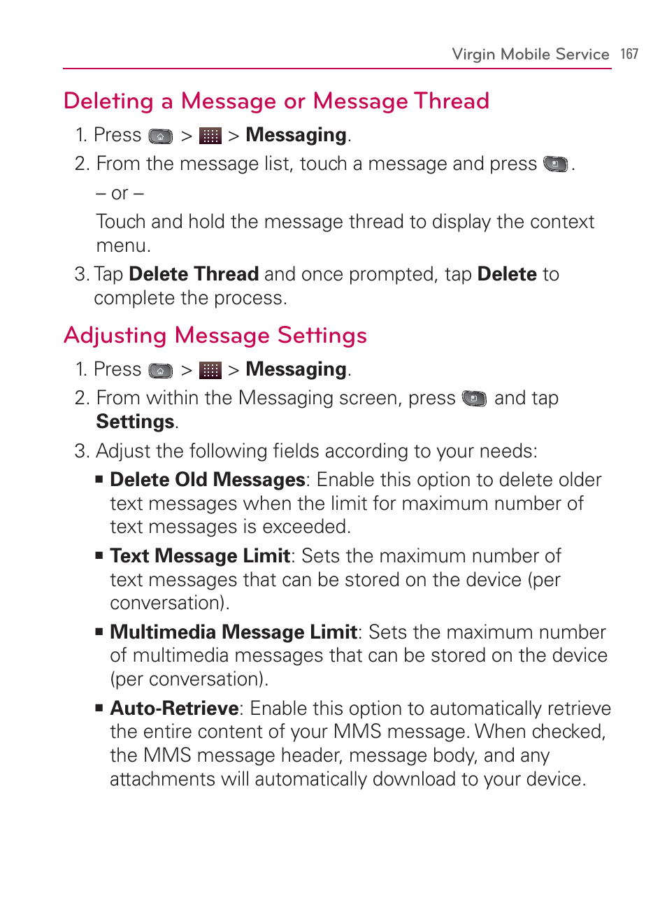 Deleting a message or message thread, Adjusting message settings | LG LGVM670 User Manual | Page 169 / 243