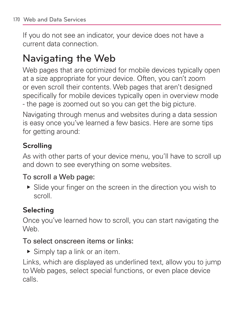 Navigating the web | LG LGVM670 User Manual | Page 172 / 243