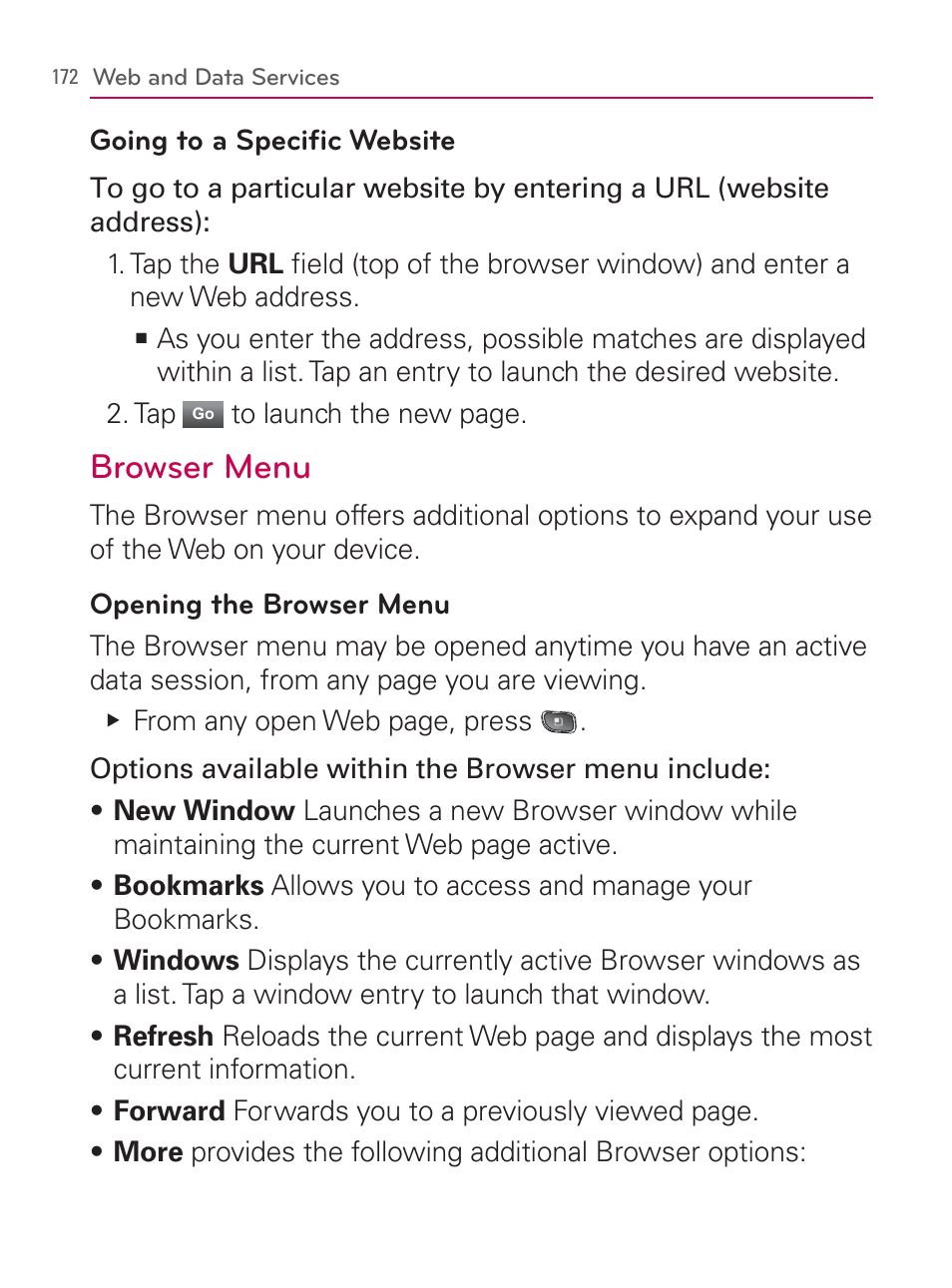 Browser menu | LG LGVM670 User Manual | Page 174 / 243