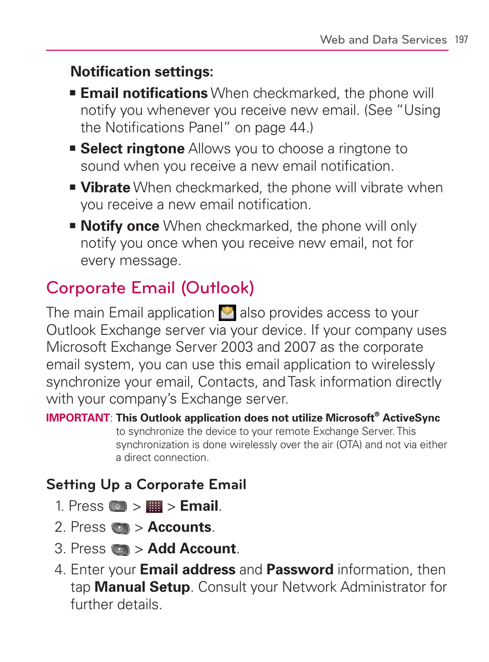 Corporate email (outlook) | LG LGVM670 User Manual | Page 199 / 243