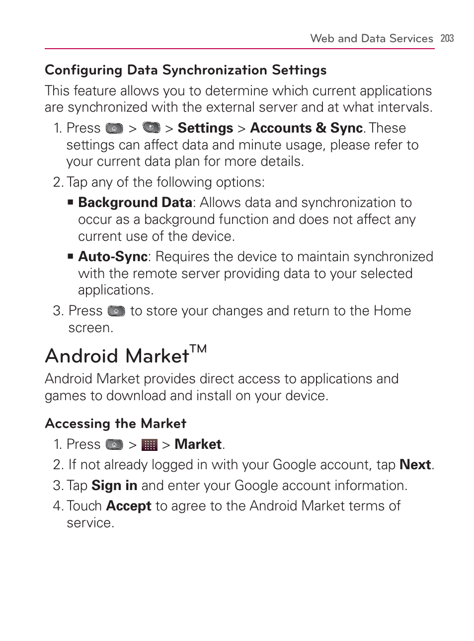 Android markettm, Android market | LG LGVM670 User Manual | Page 205 / 243