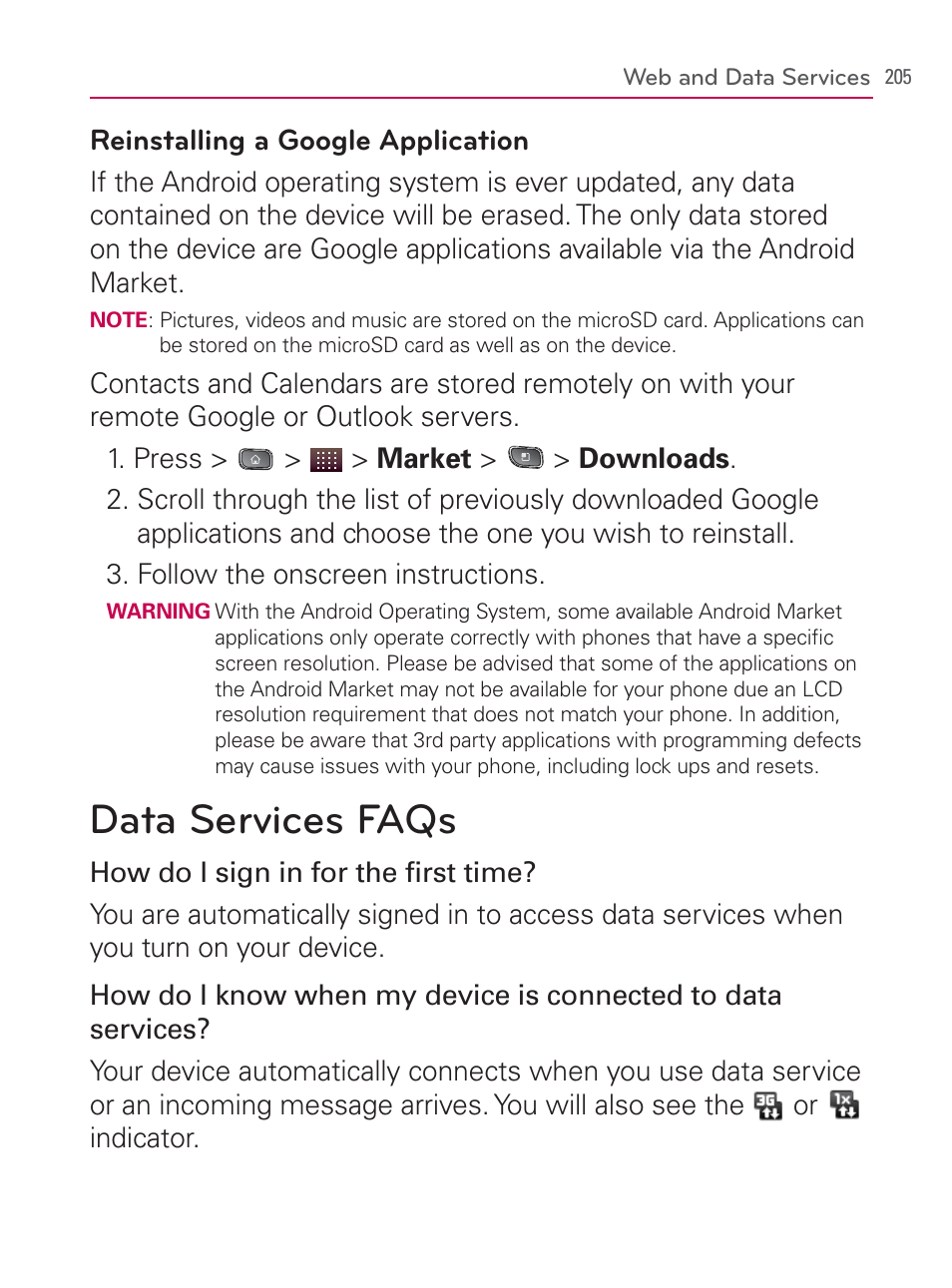 Data services faqs | LG LGVM670 User Manual | Page 207 / 243