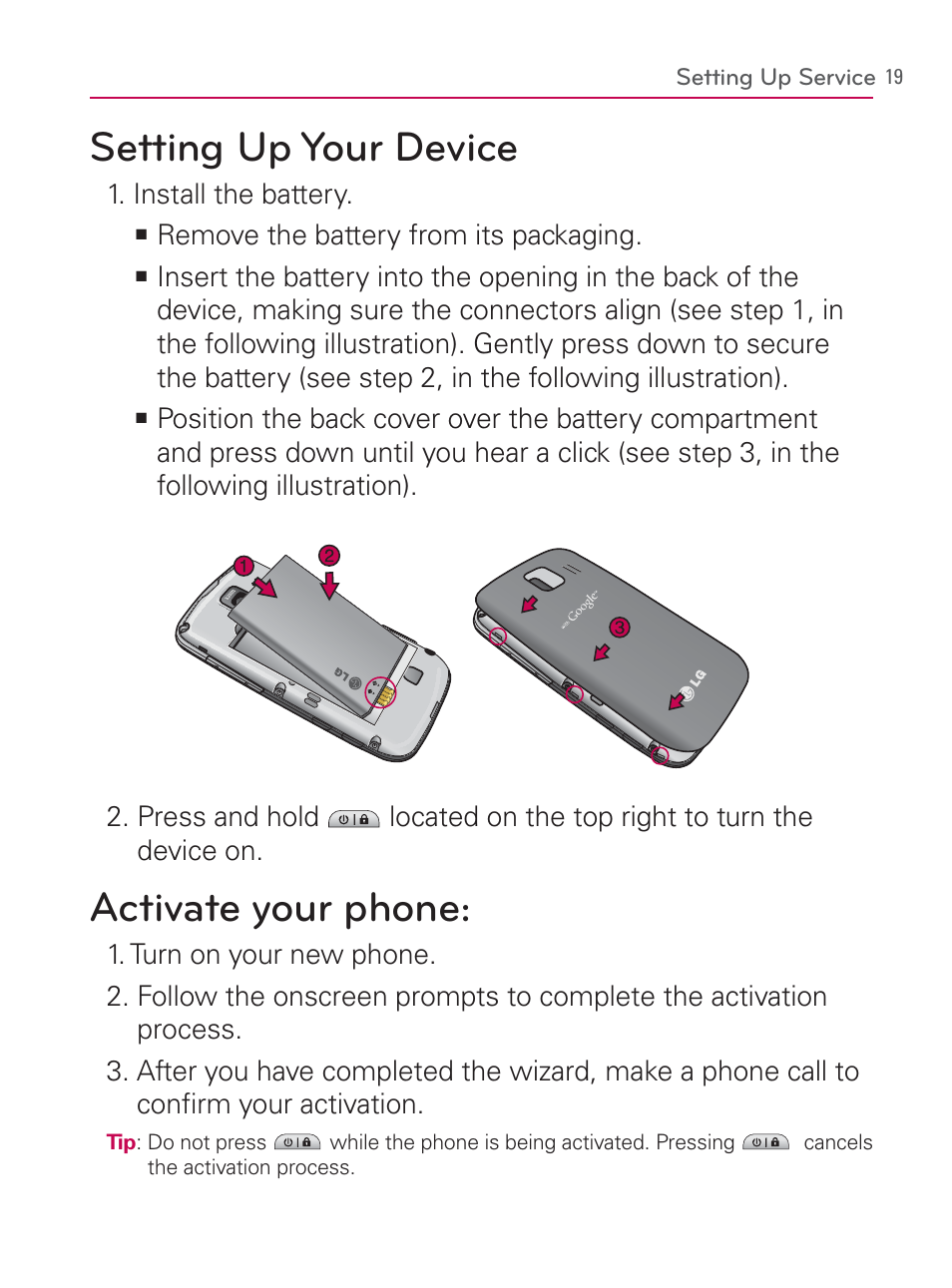 Setting up service, Activate your phone, Setting up your device | Setting up your device activate your phone | LG LGVM670 User Manual | Page 21 / 243