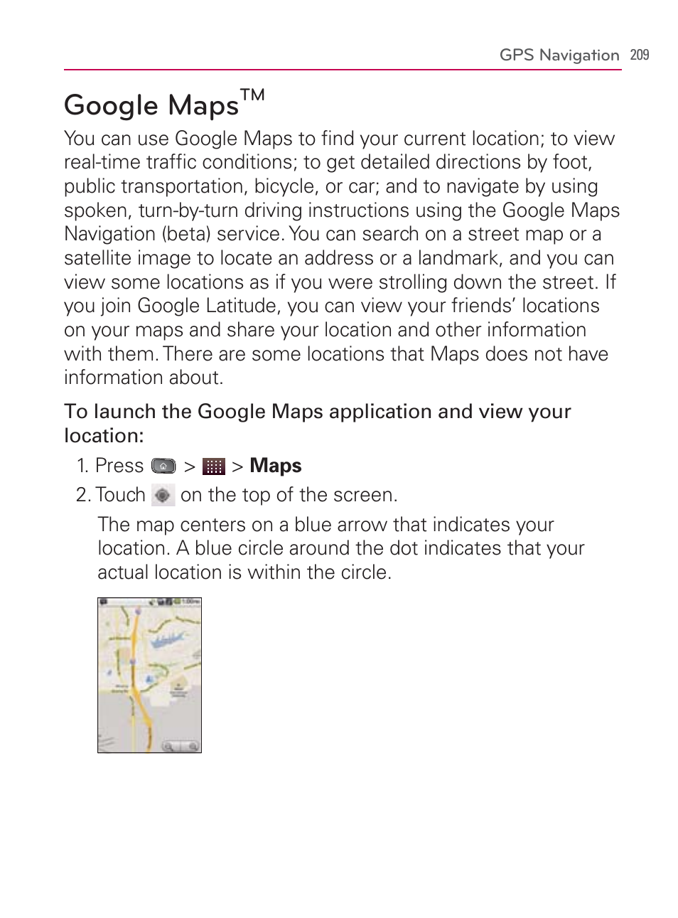 Google mapstm, Google maps | LG LGVM670 User Manual | Page 211 / 243