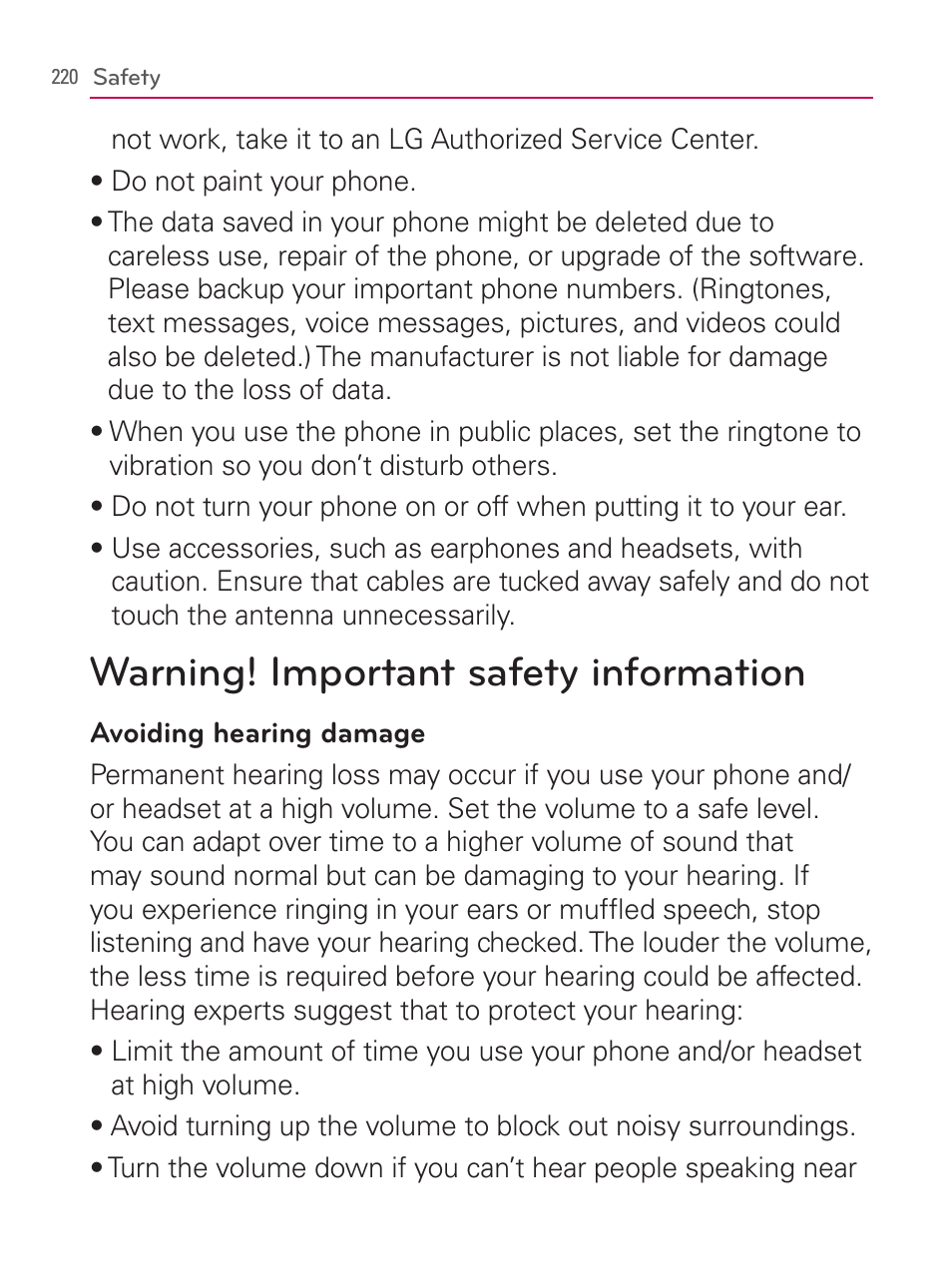 Warning! important safety information | LG LGVM670 User Manual | Page 222 / 243