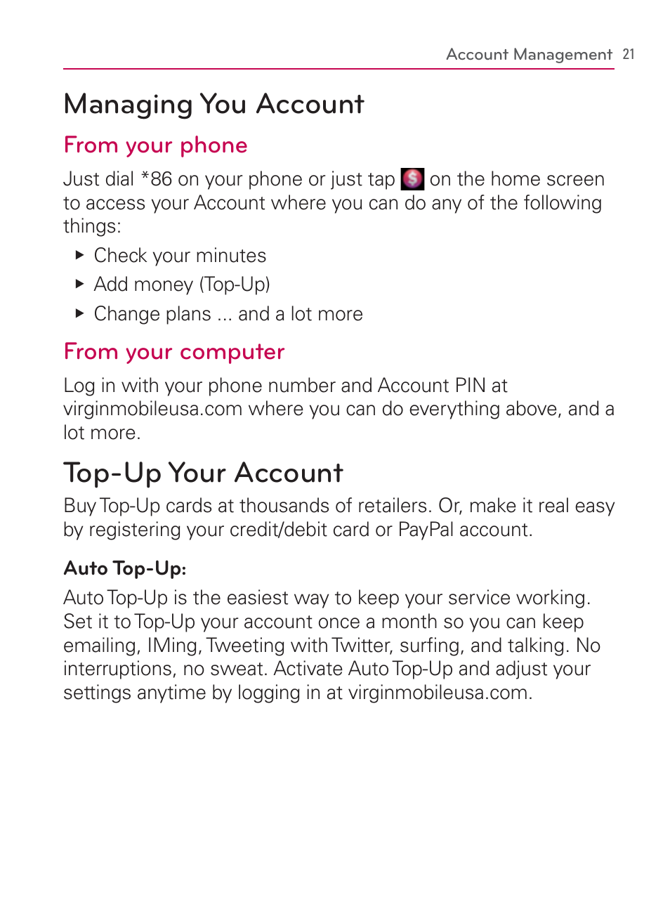 Account management, Managing you account, Top-up your account | Managing you account top-up your account | LG LGVM670 User Manual | Page 23 / 243