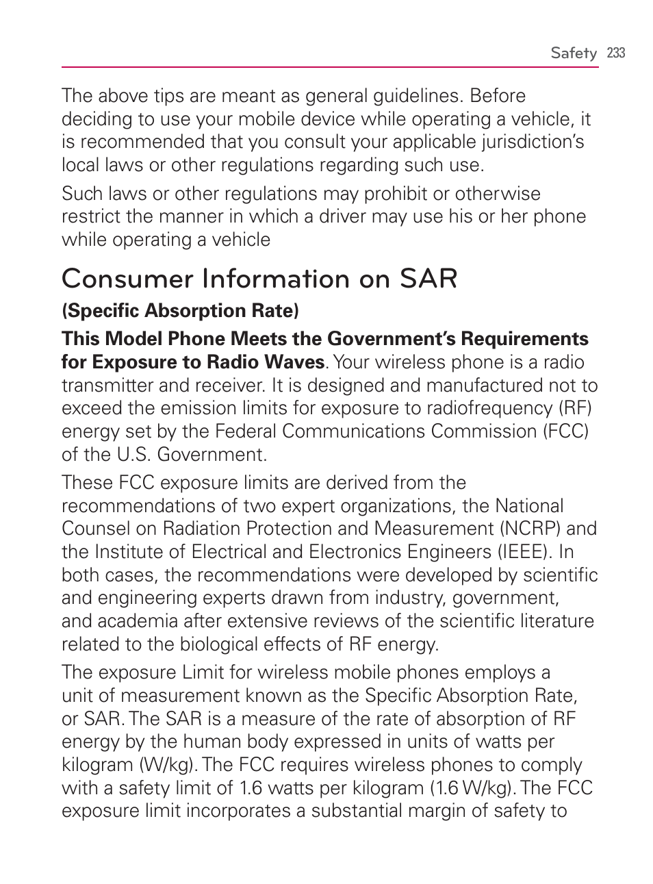 Consumer information on sar | LG LGVM670 User Manual | Page 235 / 243