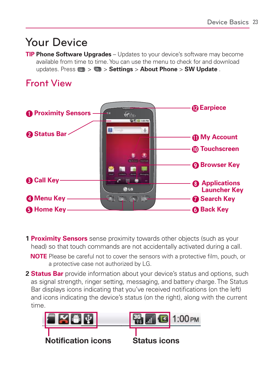 Device basics, Your device, Front view | LG LGVM670 User Manual | Page 25 / 243