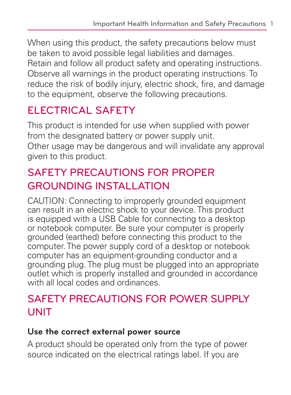 Electrical safety, Safety precautions for power supply unit | LG LGVM670 User Manual | Page 3 / 243