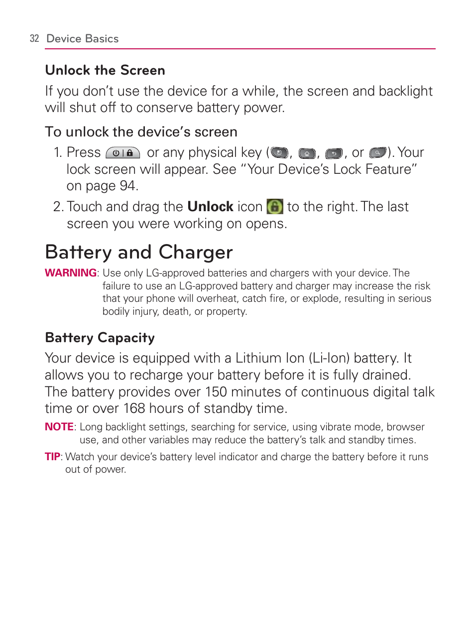 Battery and charger | LG LGVM670 User Manual | Page 34 / 243