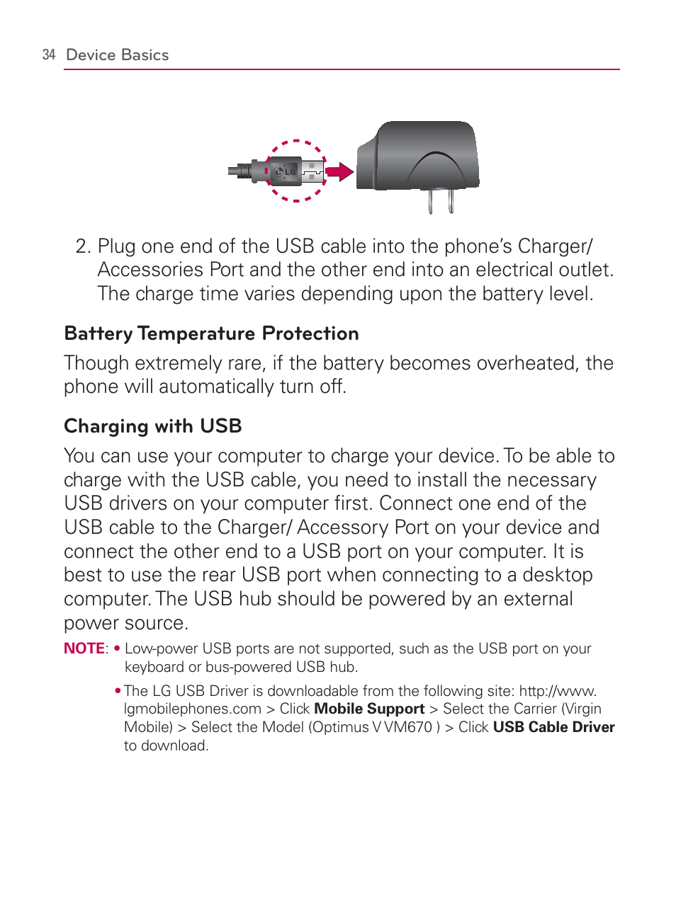 Battery temperature protection, Charging with usb | LG LGVM670 User Manual | Page 36 / 243