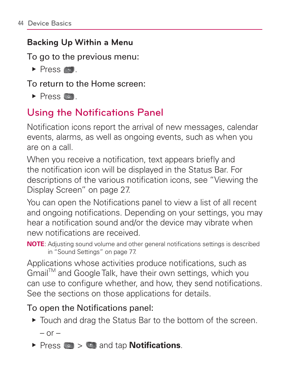 Using the notiﬁcations panel | LG LGVM670 User Manual | Page 46 / 243