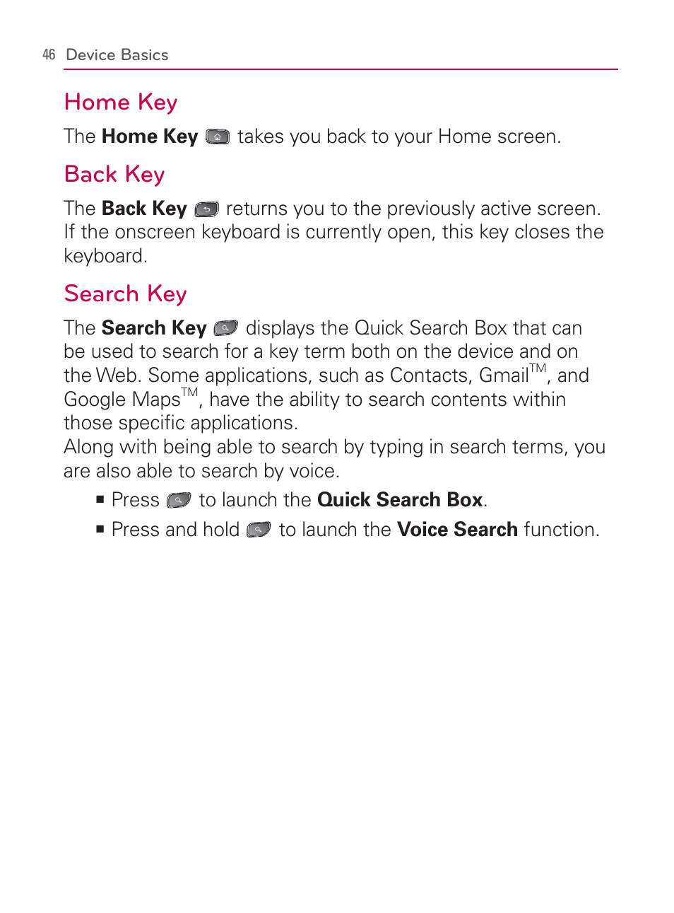 Home key, Back key, Search key | LG LGVM670 User Manual | Page 48 / 243