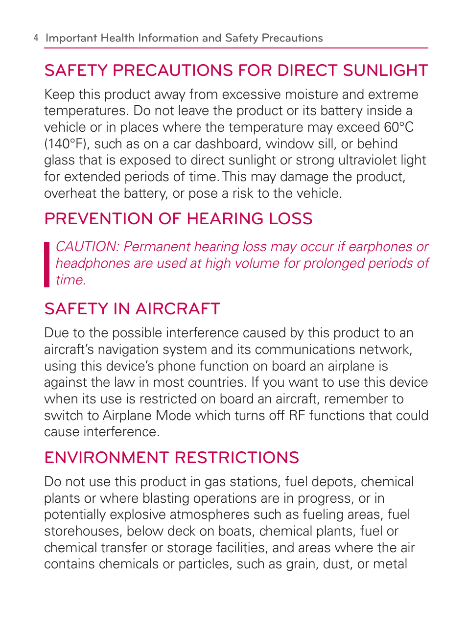 Safety precautions for direct sunlight, Prevention of hearing loss, Safety in aircraft | Environment restrictions | LG LGVM670 User Manual | Page 6 / 243