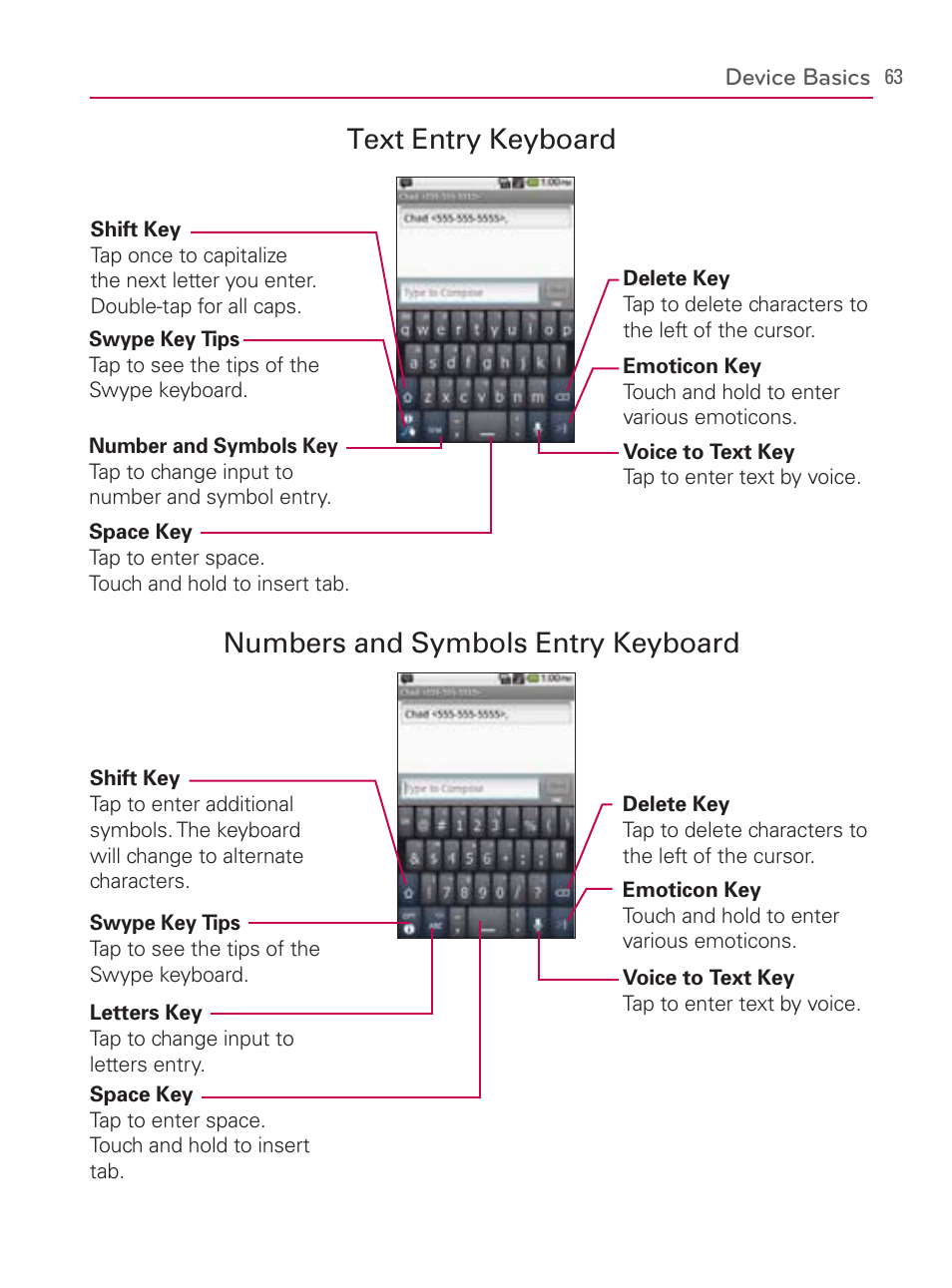 Text entry keyboard, Numbers and symbols entry keyboard | LG LGVM670 User Manual | Page 65 / 243