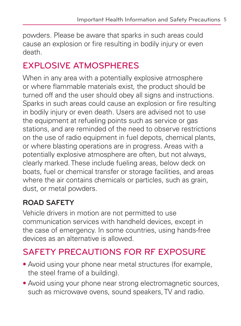 Explosive atmospheres, Safety precautions for rf exposure | LG LGVM670 User Manual | Page 7 / 243