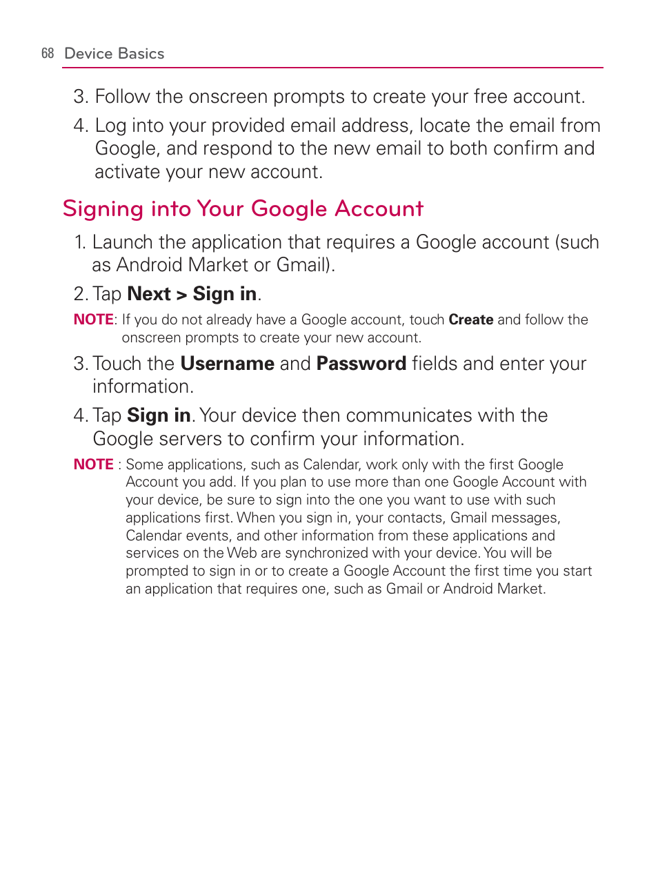 Signing into your google account | LG LGVM670 User Manual | Page 70 / 243