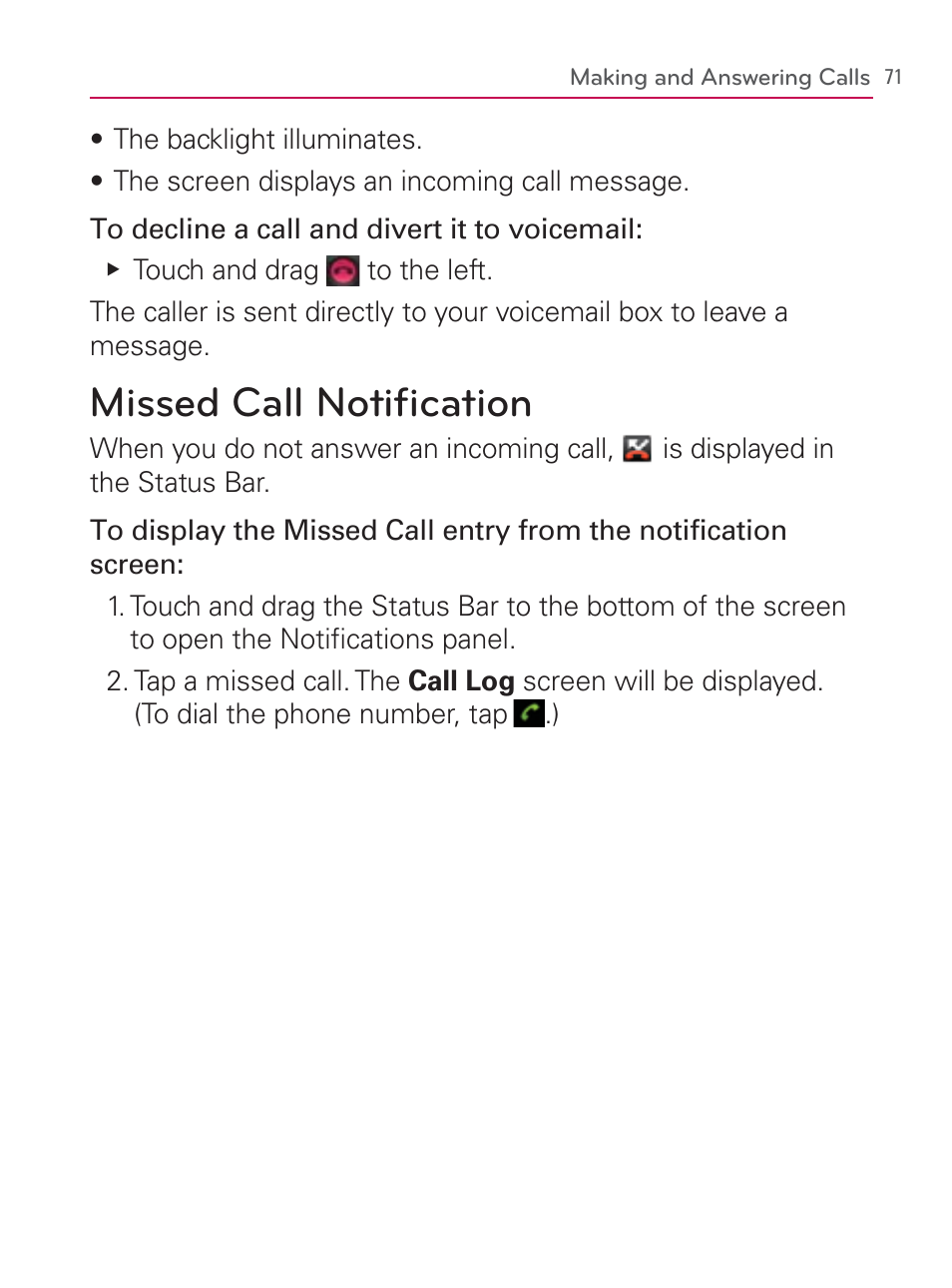 Missed call notifi cation, Missed call notiﬁcation, Missed call notiﬁ cation | LG LGVM670 User Manual | Page 73 / 243
