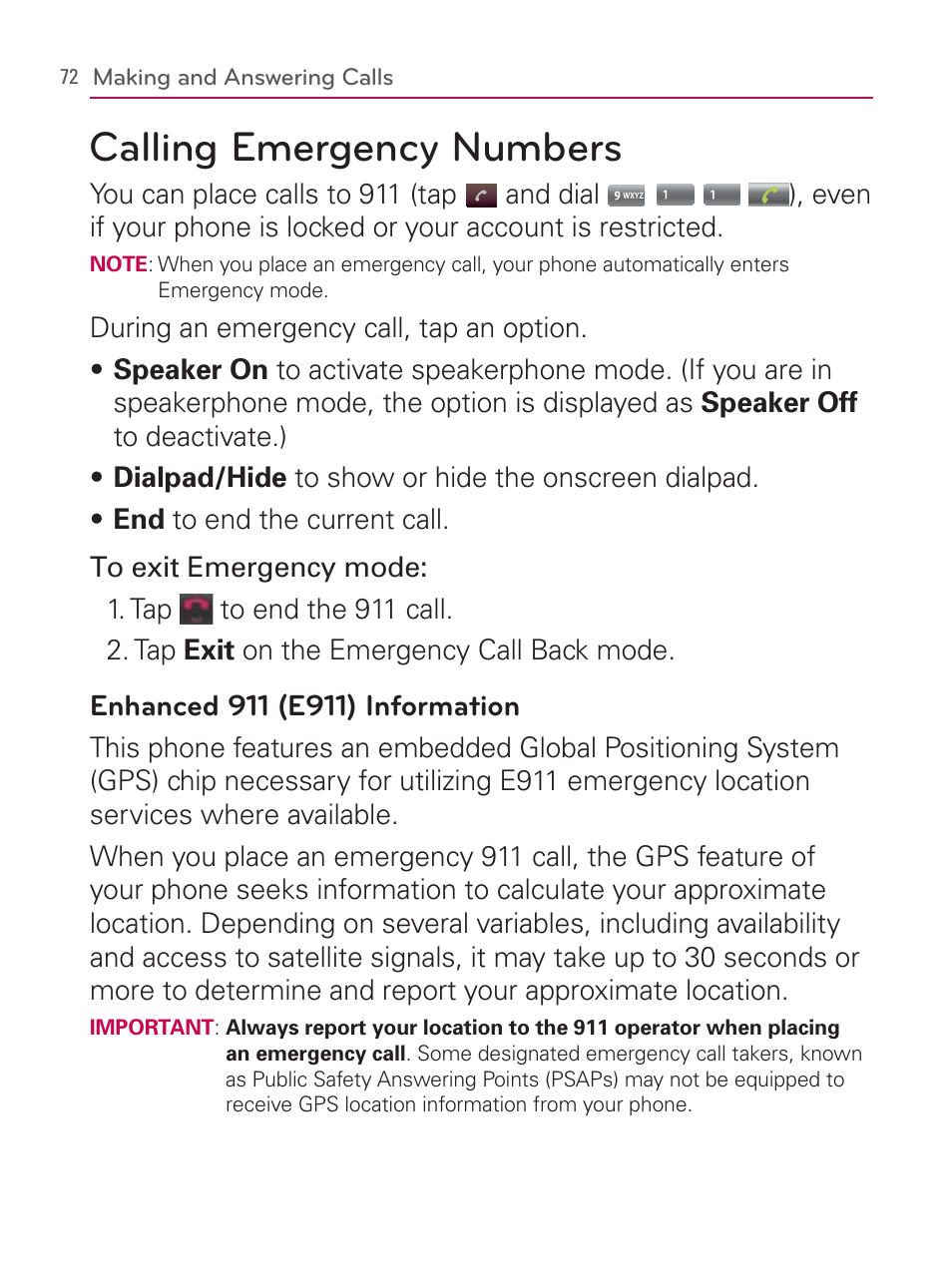 Calling emergency numbers | LG LGVM670 User Manual | Page 74 / 243