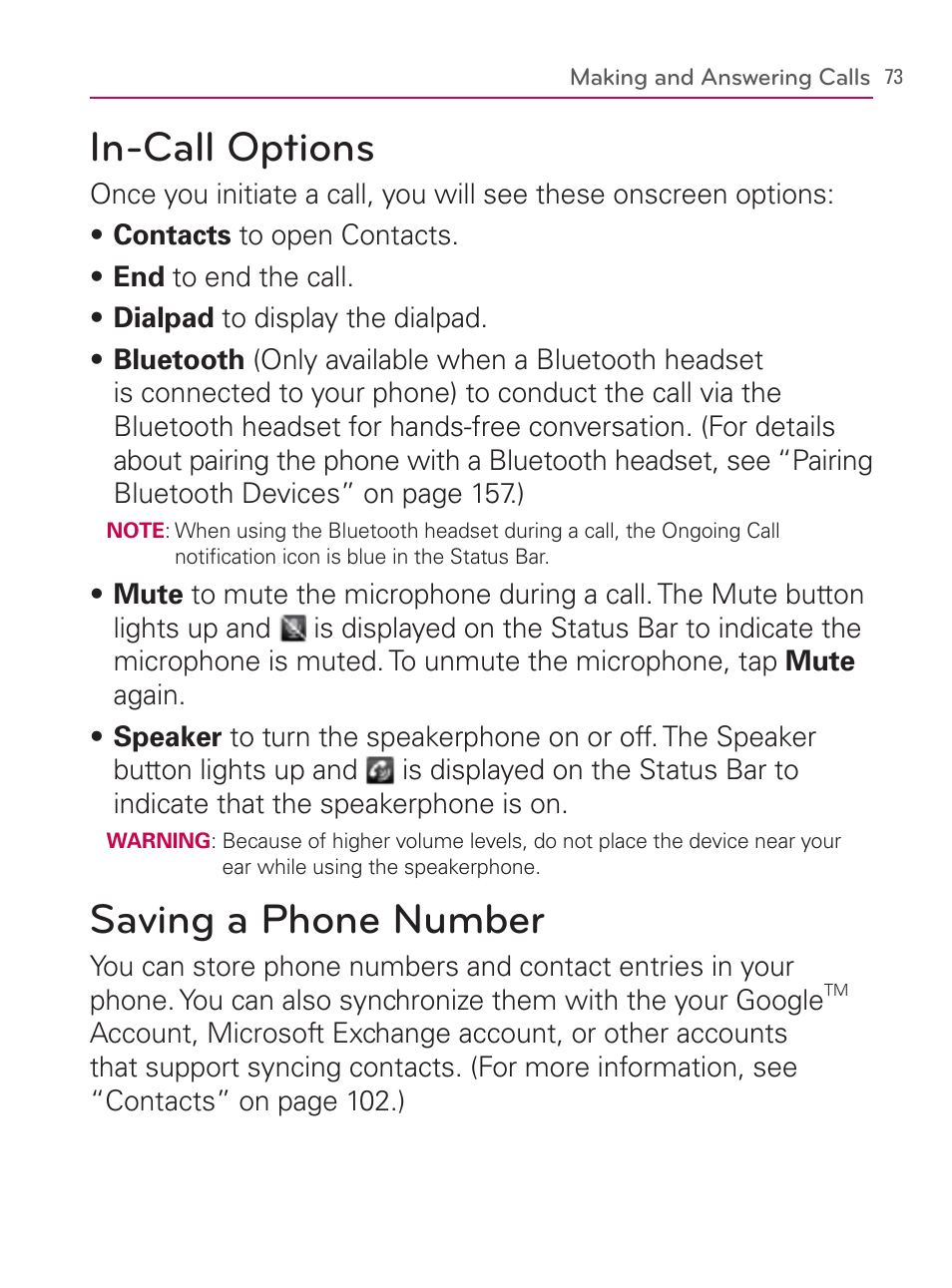 In-call options, Saving a phone number, In-call options saving a phone number | LG LGVM670 User Manual | Page 75 / 243