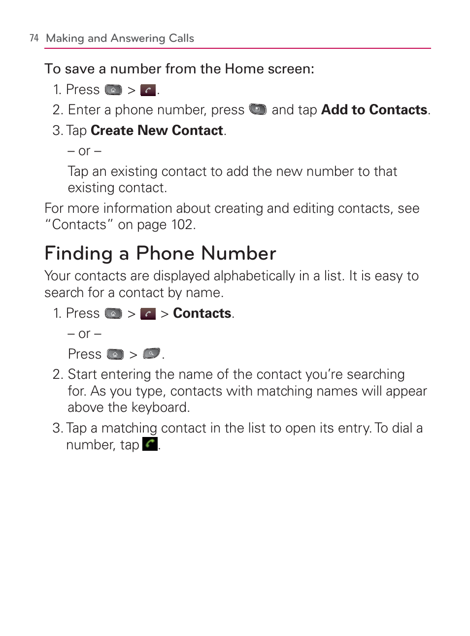 Finding a phone number | LG LGVM670 User Manual | Page 76 / 243