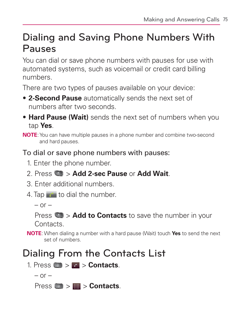 Dialing and saving phone numbers withpauses, Dialing from the contacts list, Dialing and saving phone numbers with pauses | LG LGVM670 User Manual | Page 77 / 243