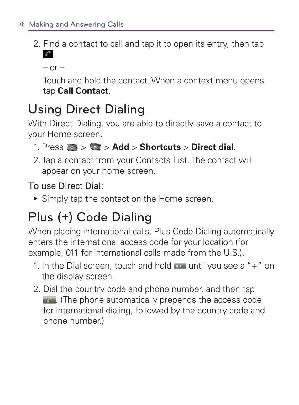 Using direct dialing, Plus (+) code dialing, Using direct dialing plus (+) code dialing | LG LGVM670 User Manual | Page 78 / 243