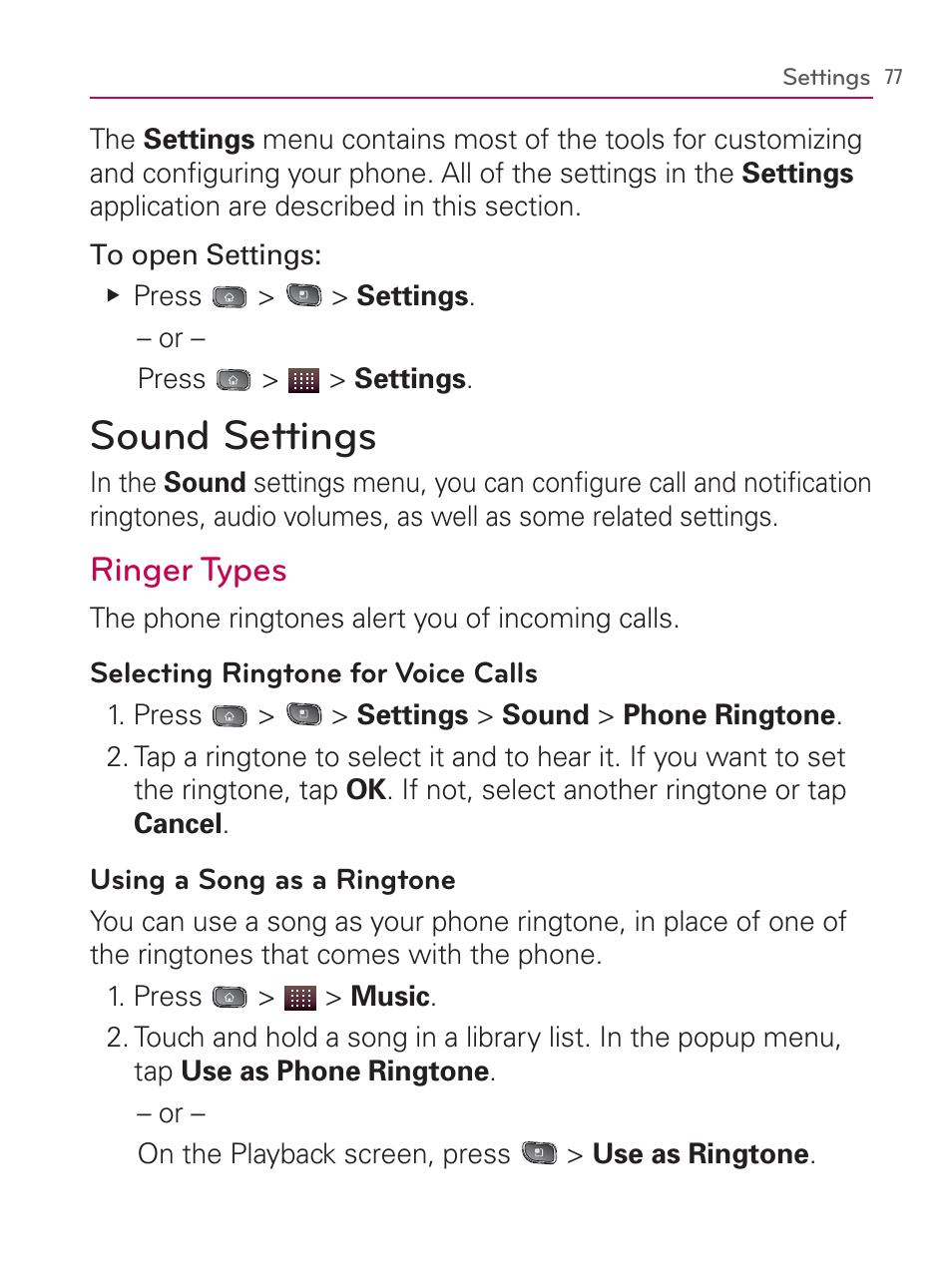 Settings, Sound settings, Ringer types | LG LGVM670 User Manual | Page 79 / 243