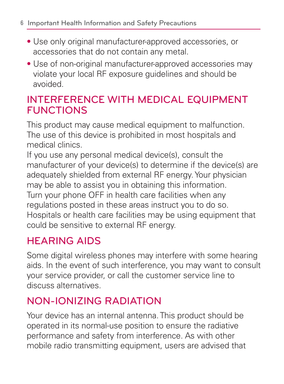 Interference with medical equipment functions, Hearing aids, Non-ionizing radiation | LG LGVM670 User Manual | Page 8 / 243