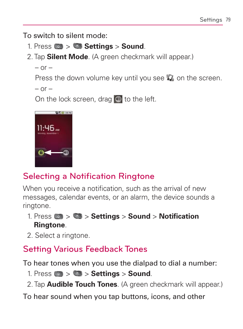 Selecting a notiﬁ cation ringtone, Setting various feedback tones | LG LGVM670 User Manual | Page 81 / 243