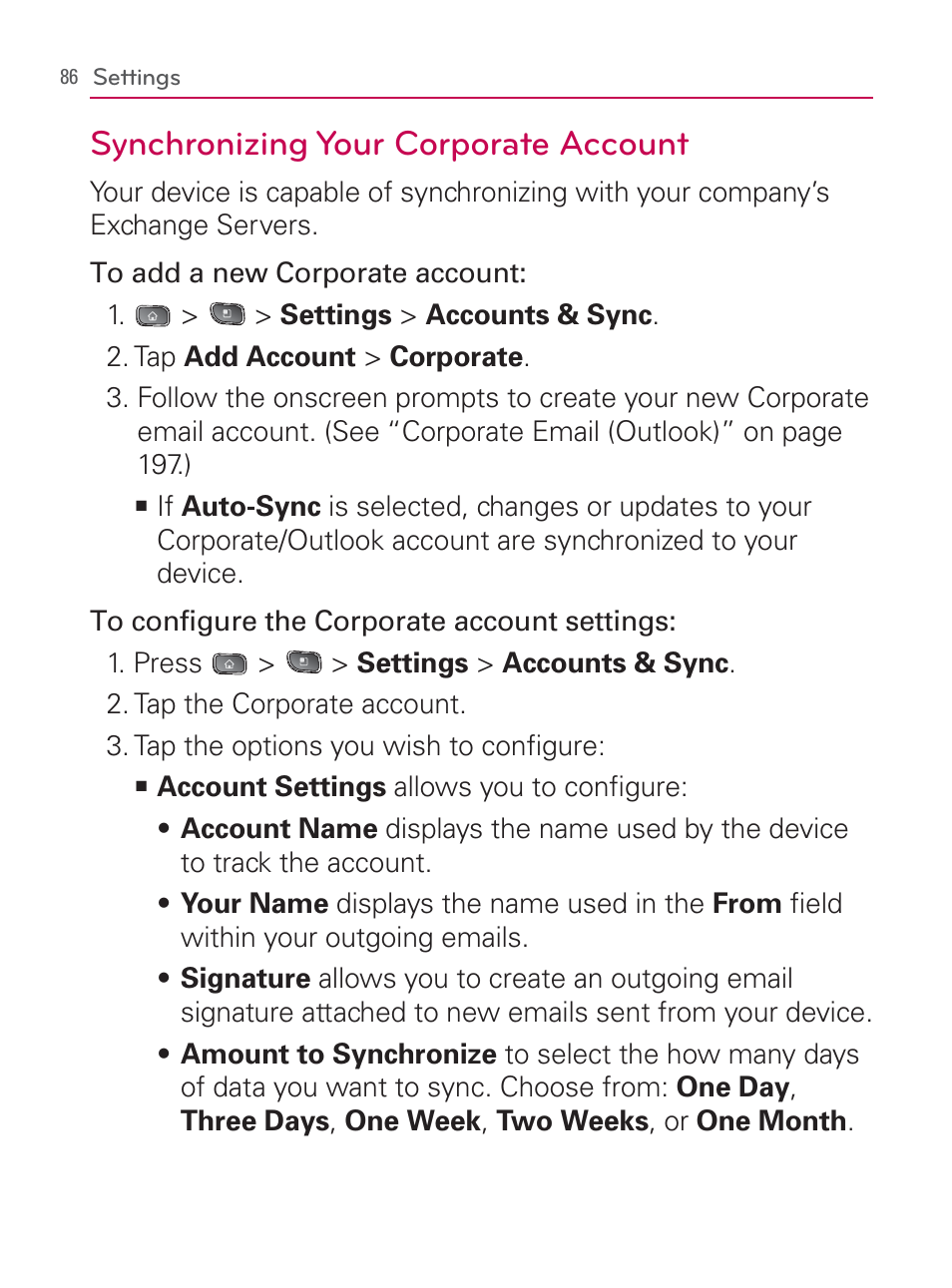 Synchronizing your corporate account | LG LGVM670 User Manual | Page 88 / 243