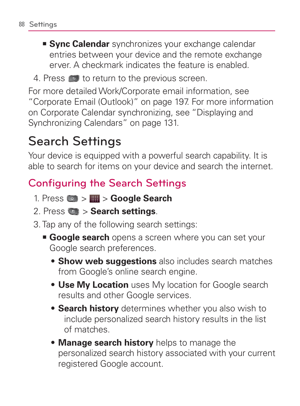 Search settings, Conﬁguring the search settings | LG LGVM670 User Manual | Page 90 / 243