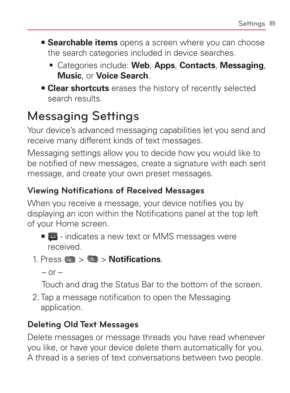 Messaging settings | LG LGVM670 User Manual | Page 91 / 243