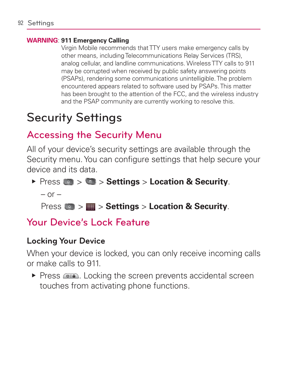 Security settings, Accessing the security menu, Your device’s lock feature | LG LGVM670 User Manual | Page 94 / 243