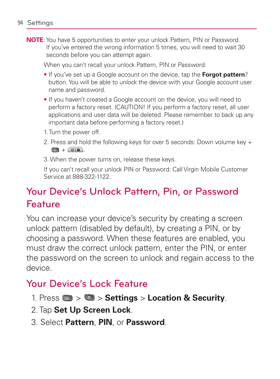 Your device’s lock feature | LG LGVM670 User Manual | Page 96 / 243