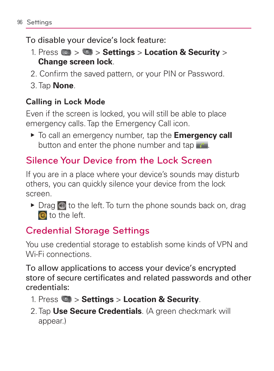 Silence your device from the lock screen, Credential storage settings | LG LGVM670 User Manual | Page 98 / 243