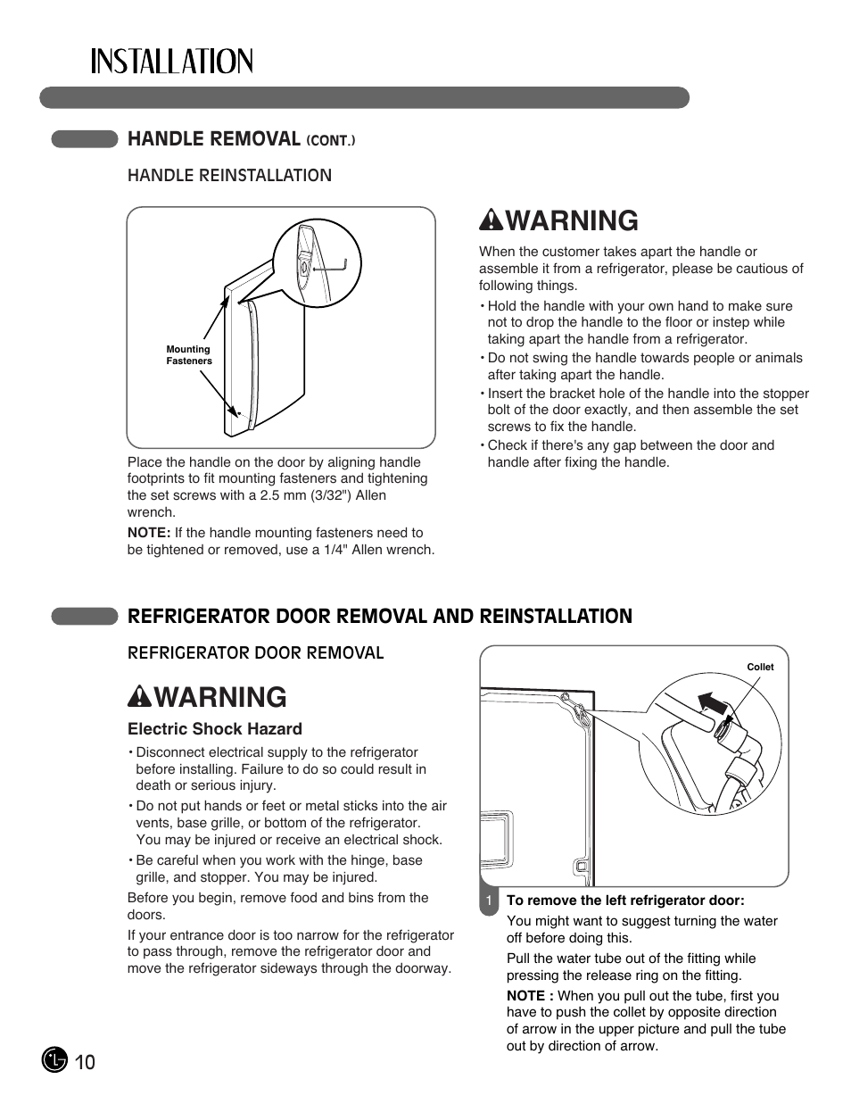 Wwarning, 10 handle removal, Refrigerator door removal and reinstallation | LG LMX28994ST User Manual | Page 10 / 55