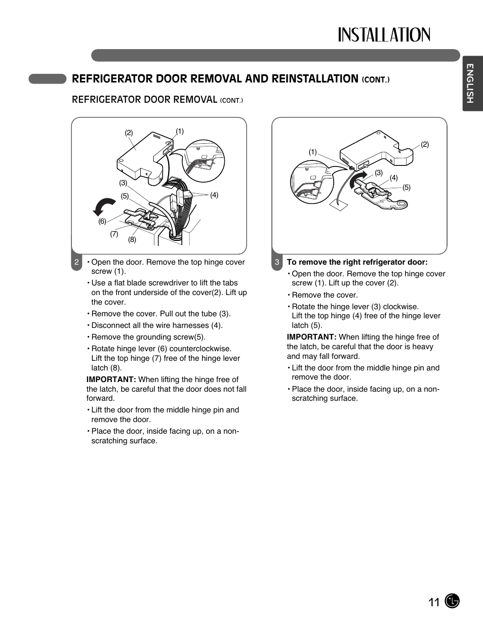 11 refrigerator door removal and reinstallation | LG LMX28994ST User Manual | Page 11 / 55