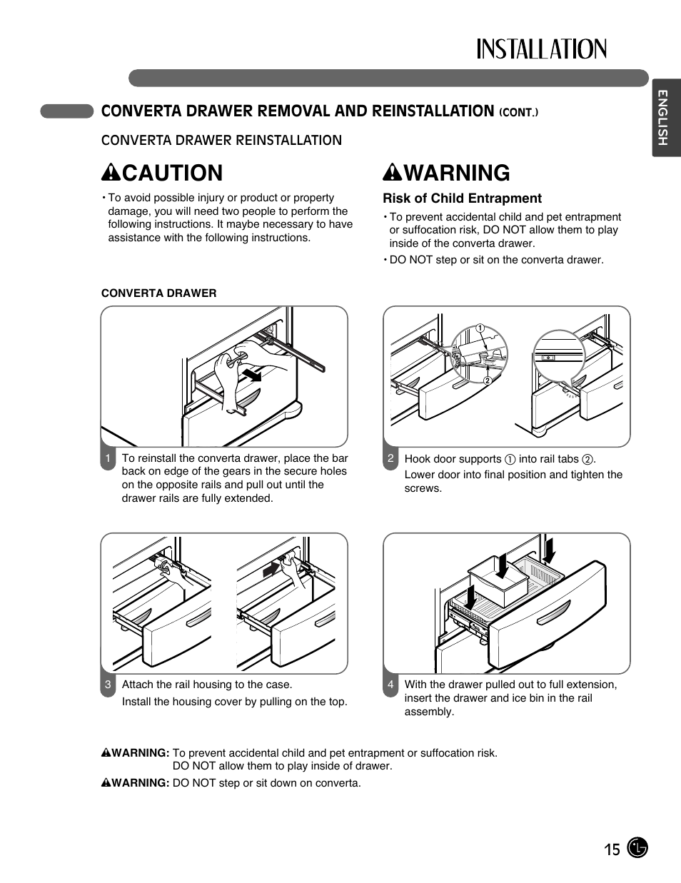Wcaution, Wwarning, 15 converta drawer removal and reinstallation | LG LMX28994ST User Manual | Page 15 / 55
