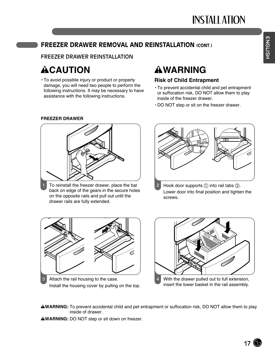 Wcaution, Wwarning, 17 freezer drawer removal and reinstallation | LG LMX28994ST User Manual | Page 17 / 55