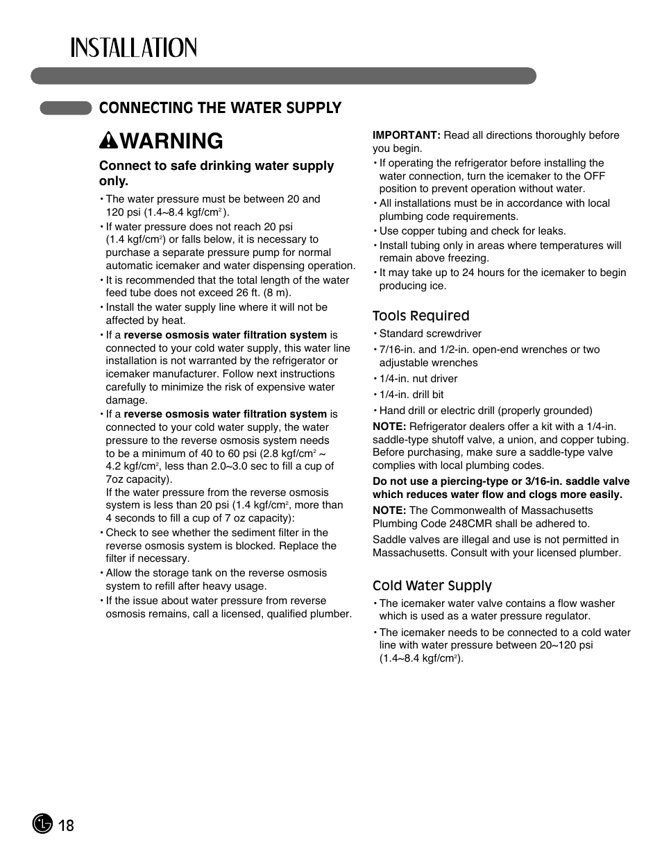 Wwarning, 18 connecting the water supply | LG LMX28994ST User Manual | Page 18 / 55