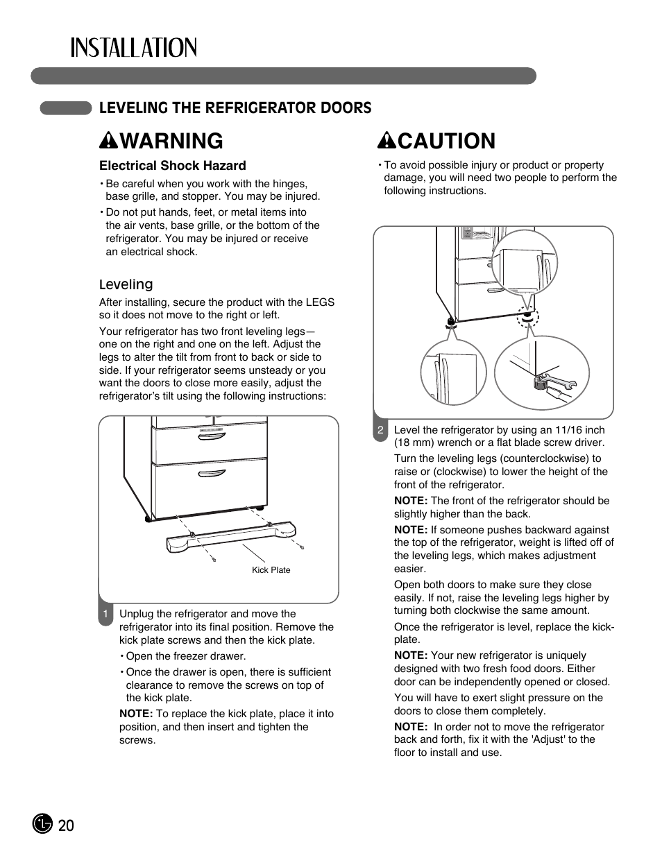 Wwarning, Wcaution, 20 leveling the refrigerator doors | LG LMX28994ST User Manual | Page 20 / 55