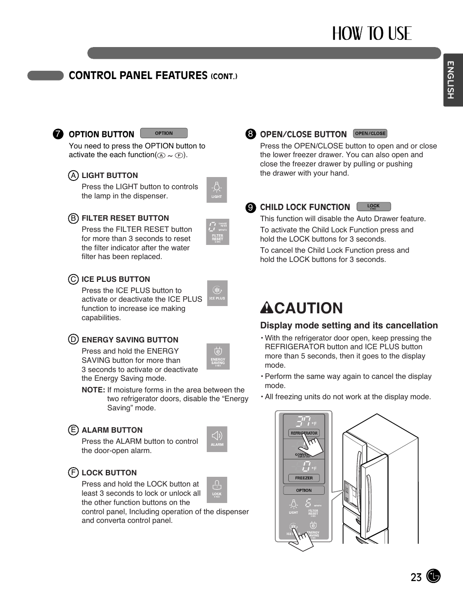 Wcaution, 23 control panel features | LG LMX28994ST User Manual | Page 23 / 55
