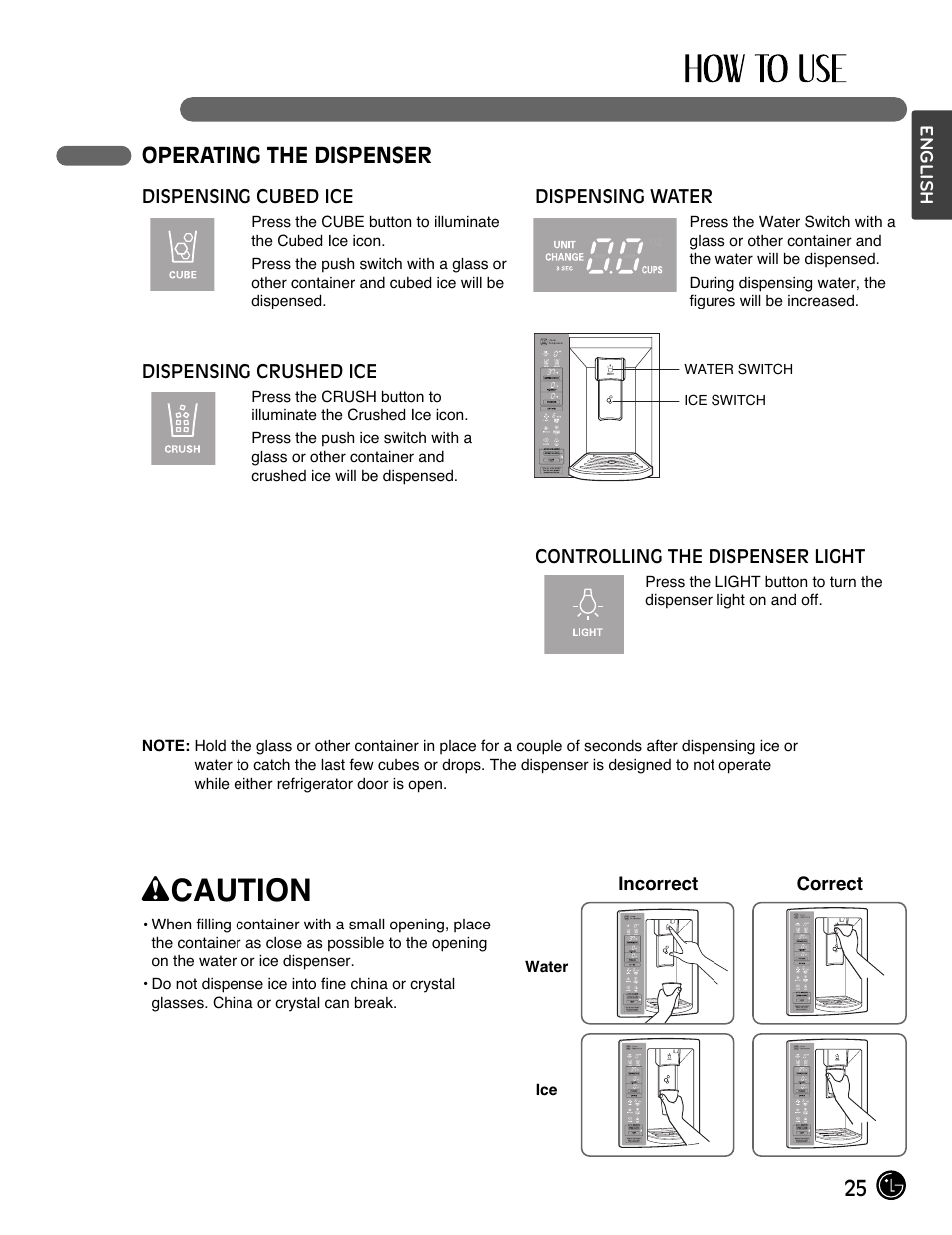 Wcaution, 25 operating the dispenser | LG LMX28994ST User Manual | Page 25 / 55