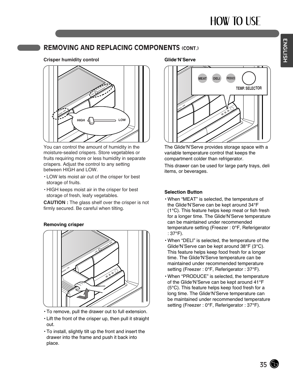 35 removing and replacing components, English, Temp. selector | LG LMX28994ST User Manual | Page 35 / 55